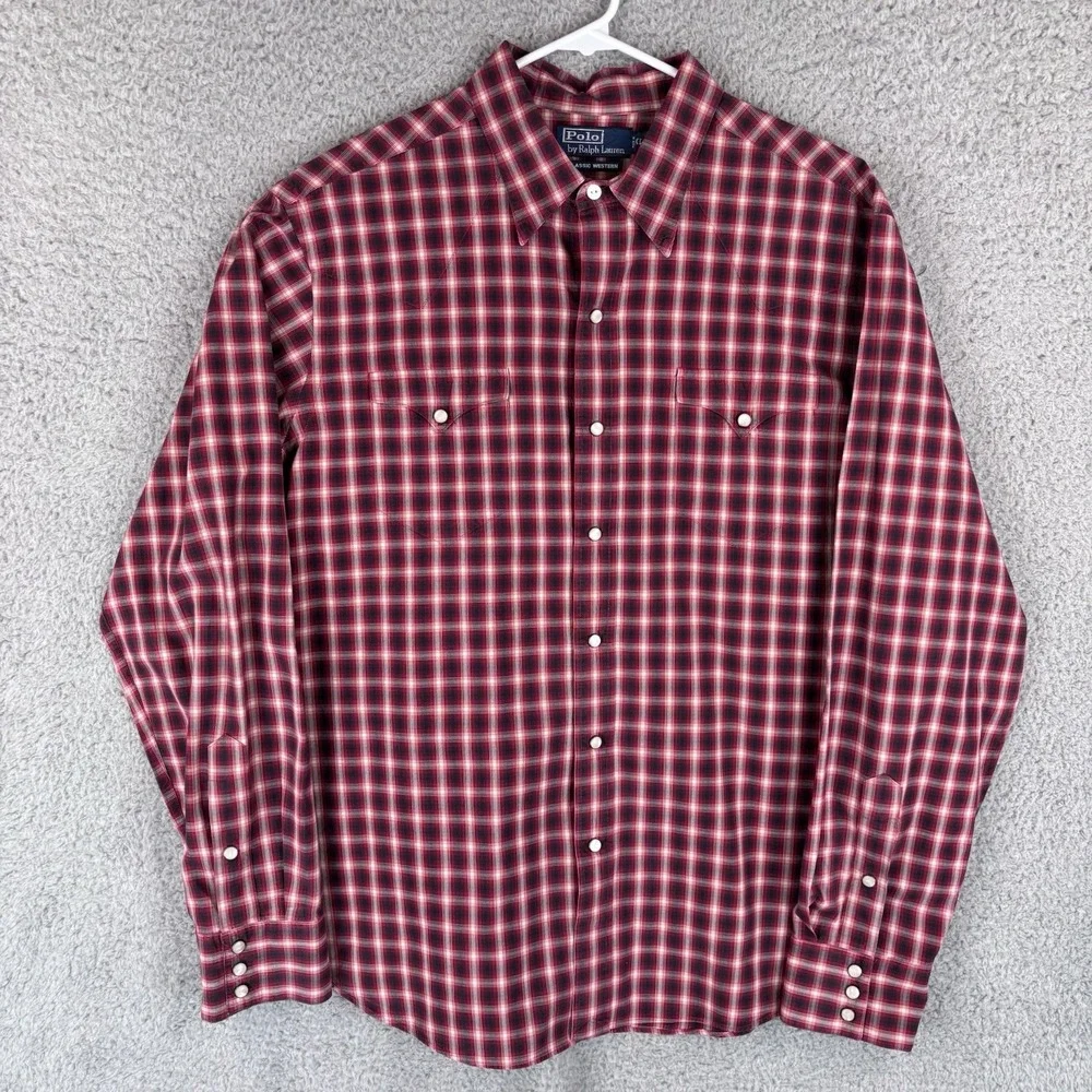 Vintage Polo Ralph Lauren Classic Western Pearl Snap Shirt Red Plaid Men's XL
